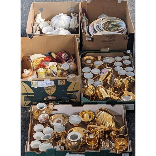 311 - Five boxes of assorted china and ceramics to include: gold finish tea ware, tureens, plates, dressin... 