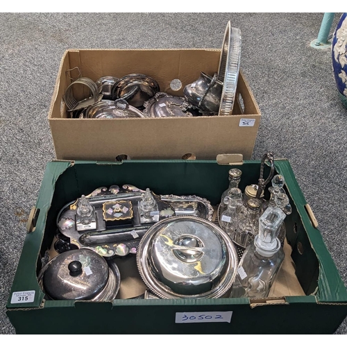 315 - Two boxes of mainly silver-plated items together with a glass decanter stopper, cruet set and a Vict... 