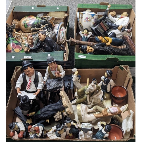 337 - Three boxes of ceramics and other items to particularly include: Laurel and Hardy sculptures, booken... 