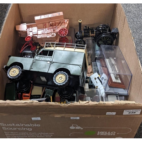 338 - Collection of diecast model and other vehicles together with a study of a Jeep, steam engines, tract... 