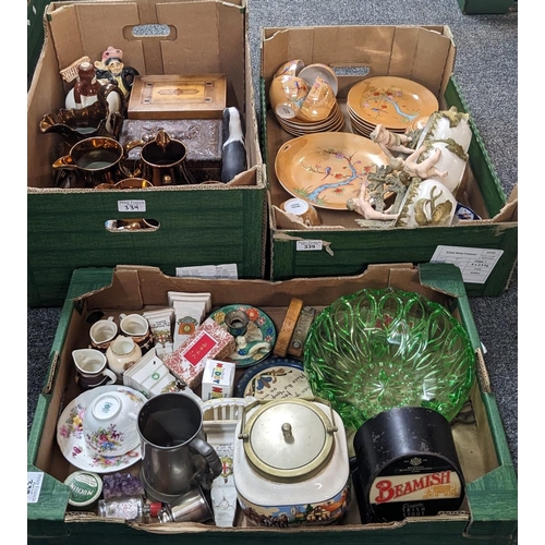 339 - Three boxes of china, glass and other items to include: crested ware, biscuit barrel, copper luster ... 