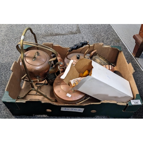 340 - Box of assorted metalware to include copper and brass spirit kettle on stand, other copper items inc... 