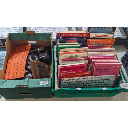 358 - Box comprising collection of ordinance survey and other maps together with a box of oddments, mainly... 