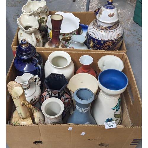 360 - Two boxes of ceramics to include mainly vases, jardiniere, etc. (2) (B.P. 21% + VAT)