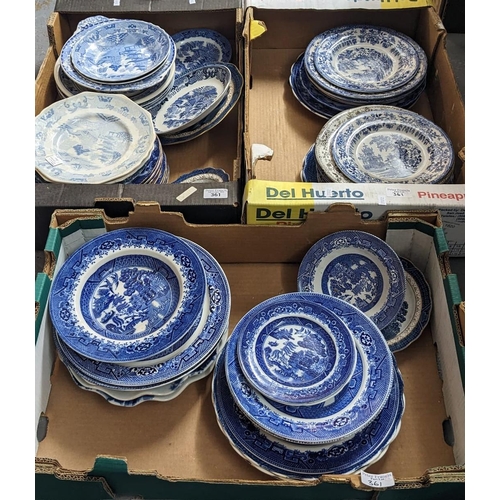 361 - Three boxes of blue and white china, various to include: 'Colandine' plates, real 'Old Willow', etc.... 