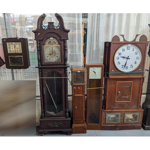 398 - Collection of clocks to include: Rustically made wide long cased clock with modern face and movement... 