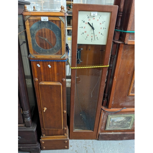 398 - Collection of clocks to include: Rustically made wide long cased clock with modern face and movement... 