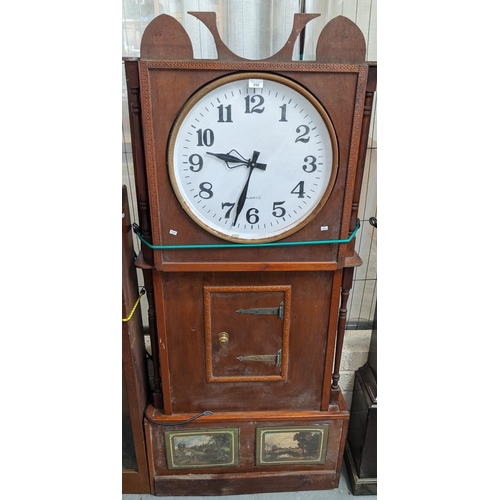 398 - Collection of clocks to include: Rustically made wide long cased clock with modern face and movement... 