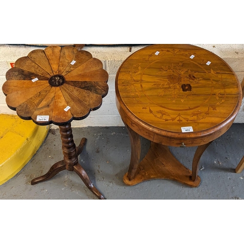 402 - Victorian mixed woods wine table, the shaped top above bobbin-turned pedestal on tripod base togethe... 