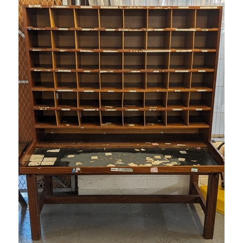 403 - Unusual pigeon hole post office sorting type desk on square legs. Overall 155 wide x 77 deep x 178cm... 