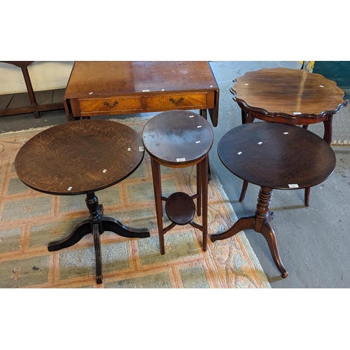 404 - Two similar 19th century oak tables, one of tripod form together with an Edwardian pie-crust occasio... 