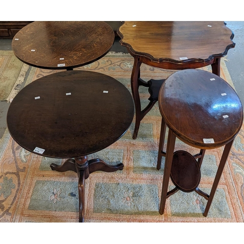 404 - Two similar 19th century oak tables, one of tripod form together with an Edwardian pie-crust occasio... 