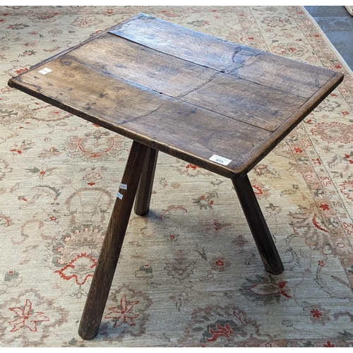 405 - Unusual oak cleated three-plank top cricket table on chamfered legs. 62 x 50 x 63cm approx. Probably... 