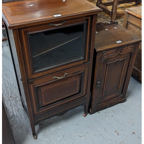 410 - Edwardian mahogany bedside pot cupboard with moulded single door. 38cm wide approx. Together with an... 