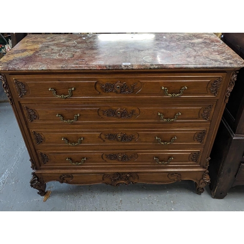 412 - Good quality early 20th century French walnut straight fronted chest of drawers, having veined marbl... 