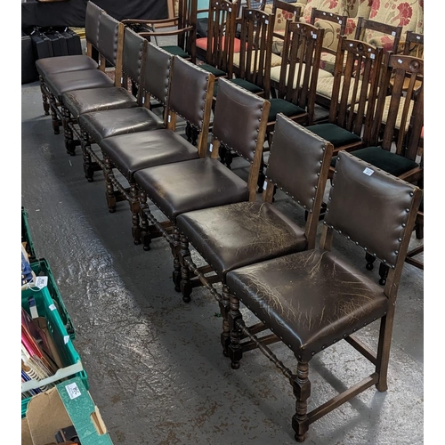 413 - Set of eight oak and leather dining chairs with brass studwork. Early 20th century. (8) (B.P. 21% + ... 