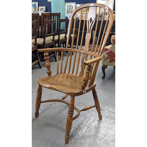 417 - 19th century style ash and elm spindle and slat back Windsor armchair on solid saddle moulded seat a... 