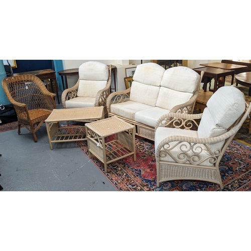 425 - Modern five-piece wicker and upholstered conservatory suite, comprising two seater sofa, pair of arm... 