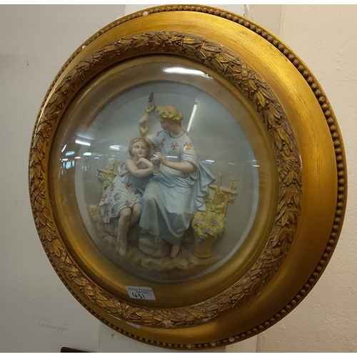 431 - Pair of Continental porcelain relief figural panels in circular gilded frames under convex glass. Ov... 