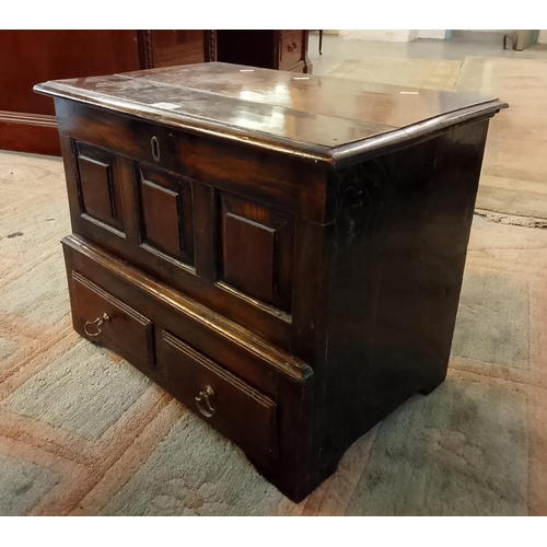 444 - 18th century Welsh oak coffwr bach, the hinged moulded lid above three square fielded panels, projec... 