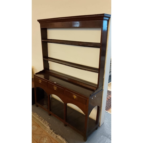 445 - 19th century oak two-stage dresser, the moulded cornice above open rack back with two fitted shelves... 