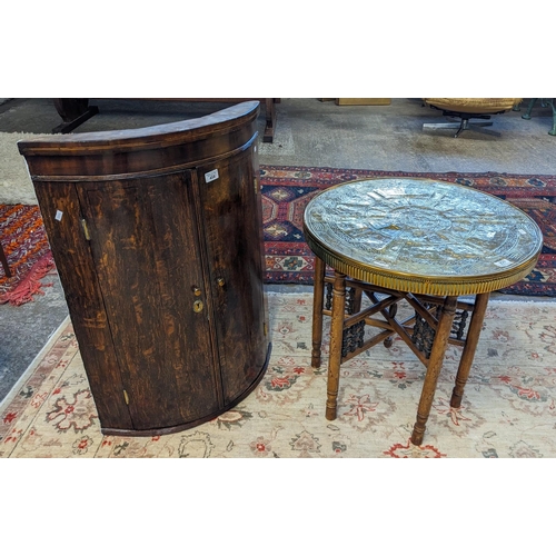 458 - Early 19th century oak bow fronted hanging corner cupboard with two doors. 61cm wide approx. Togethe... 