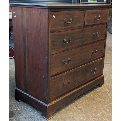 469 - Edwardian mahogany cross-banded straight fronted chest of two short and three long drawers on bracke... 