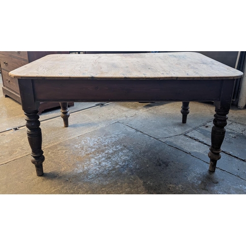 470 - Victorian pine scrub top kitchen table on turned tapering legs. 147 x 103 x 74cm high approx.  (B.P.... 