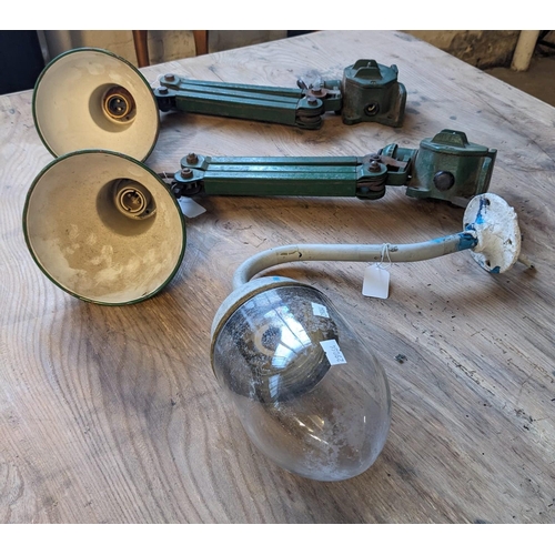 472 - Two anglepoise type workshop adjustable lamps together with a wall fixing pendant outside light with... 