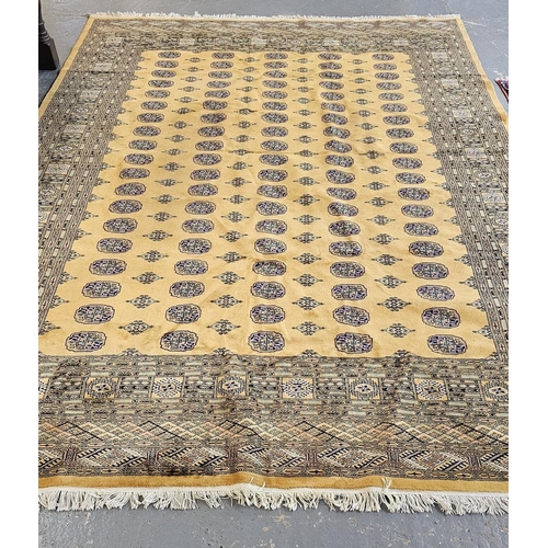 490 - Large mustard ground Bokhara carpet with central repeating geometric panels surrounded by geometric ... 