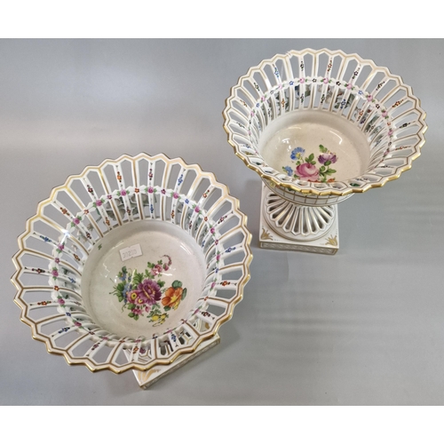 5 - Pair of Dresden German porcelain centre bowls with pierced decoration and relief encrusted floral de... 