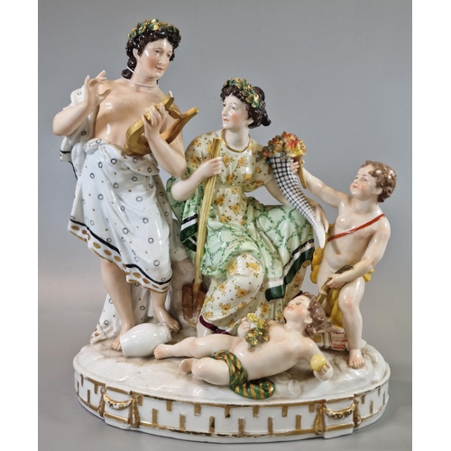 7 - A Continental, probably German, porcelain figure group centrepiece of cherubs and mythical creature ... 