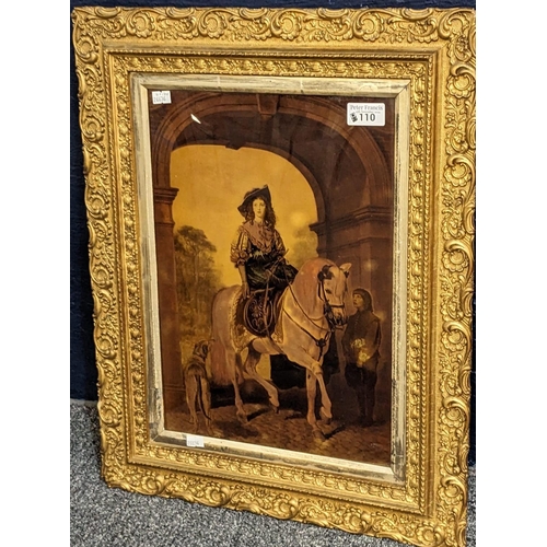 110 - Large framed convex glass Crystoleum depicting a regal woman riding a grey horse side saddle. 39x28c... 