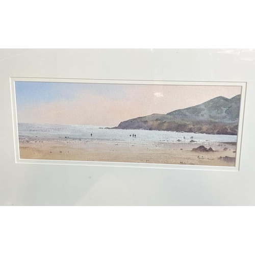 113 - Gareth Thomas (Welsh 20th century), 'Langland Bay, evening Light', signed. Watercolours. 14.5x37cm a... 