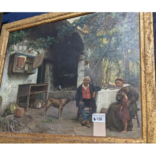 120 - Italian School (19th century), family group in a farm courtyard. Oils on canvas. 31x51cm approx. Sli... 