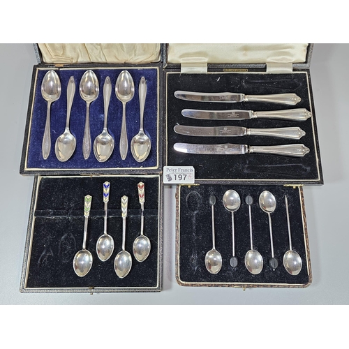 197 - Cased set of six silver teaspoons (2.98 troy oz approx.), together with part cased sets of silver an... 