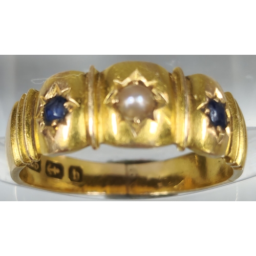 209 - 15ct gold sapphire and pearl ring. 4g approx. Size L1/2.  (B.P. 21% + VAT)