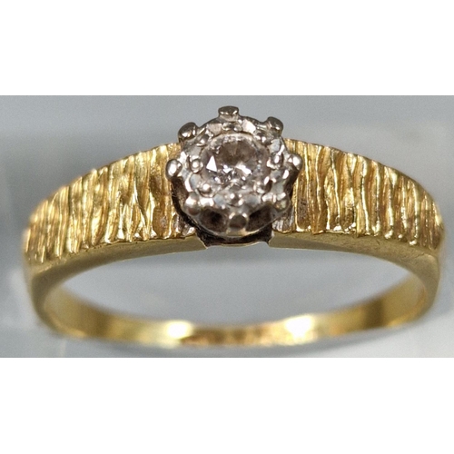 251 - 18ct gold diamond solitaire ring with bark design shoulders. 4.1g approx. Size M1/2. (B.P. 21% + VAT... 