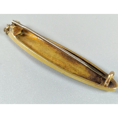 263 - Early 20th century 15ct gold bar brooch of oval form inset with tiny diamond chip. 2.8g approx. (B.P... 