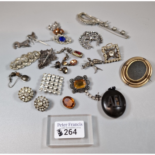 264 - Bag of assorted Victorian Georgian style and other brooches, jet pendant, earrings etc. (B.P. 21% + ... 