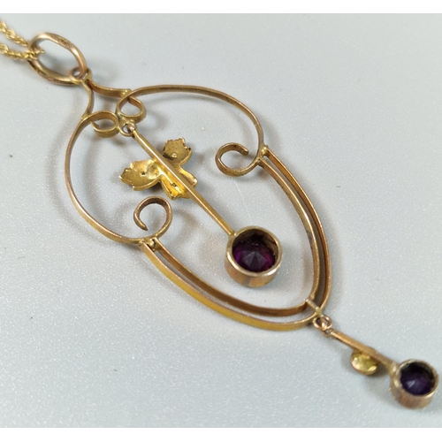 270 - 9ct gold Art Nouveau design drop pendant with pearls and amethysts on fine link chain. 13.8g approx.... 