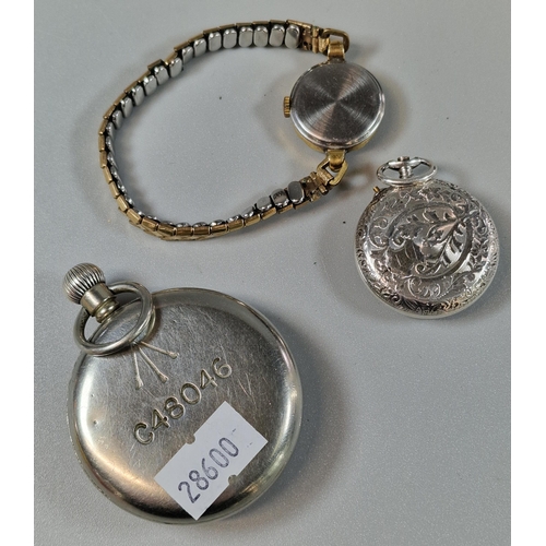 284 - Nickel plated Military open faced pocket watch with Crow's Foot and marked C48046. Together with a l... 