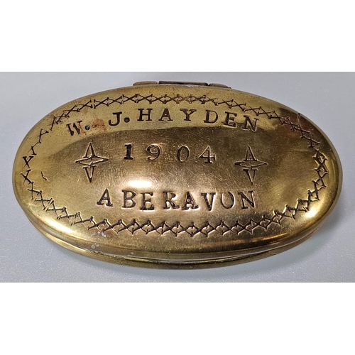 309 - Edward VII brass miner's snuff box marked 'W. J. Hayden, Aberavon 1904', together with a reproductio... 