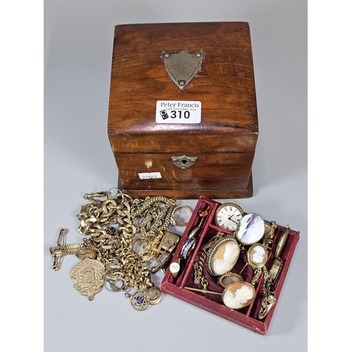 310 - Mahogany jewellery box, the interior revealing rolled gold items: watches, rings, fob, chains, cameo... 