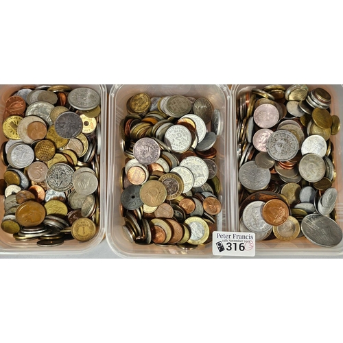 316 - Three plastic tubs of GB and World coins. (3) (B.P. 21% + VAT)