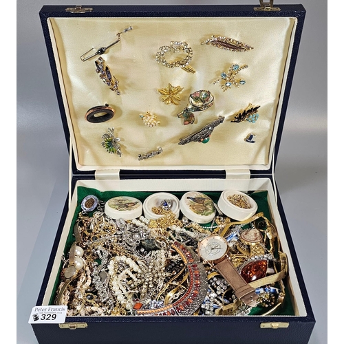 329 - Collection of vintage and other jewellery in blue jewellery box to include: large collection of broo... 