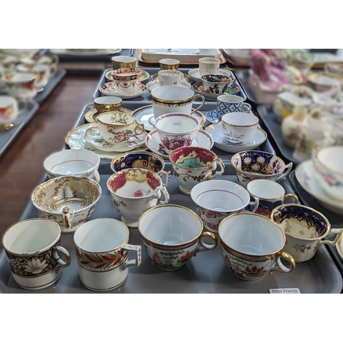 383 - Three trays of assorted teacups and saucers, various, to include: 19th century fluted cups and sauce... 