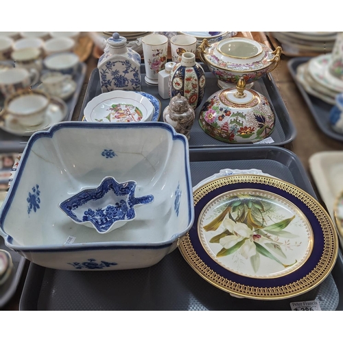 386 - Two trays of assorted English ceramics to include: large blue and white bowl labelled for Grant Davi... 