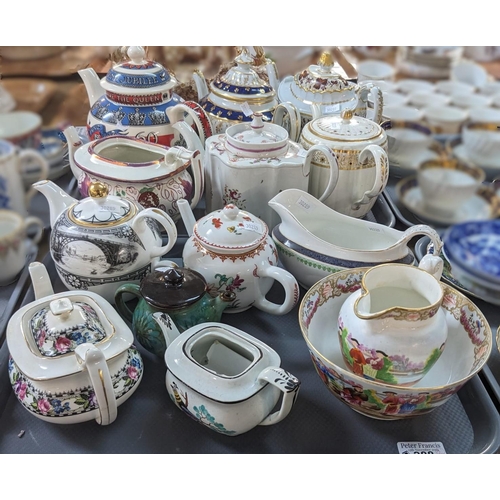 388 - Two trays of 18th, 19th century and later teapots, jug, bowl, sauce boat etc. to include: Newhall, S... 