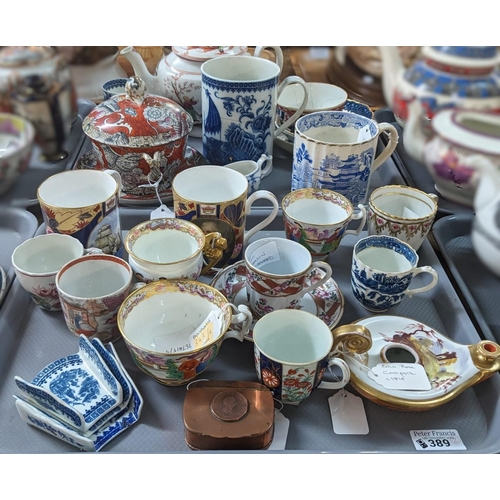 389 - Two trays of assorted 19th century and later china to include: two Swansea cups, Swansea chocolate c... 